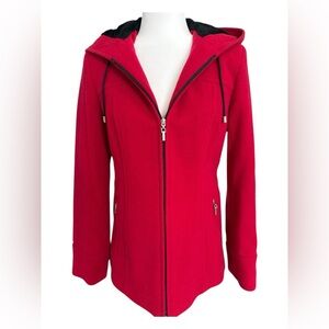 Croft & Barrow Red Wool Pea Coat Womens Small Hooded Zip Front Lined Jacket